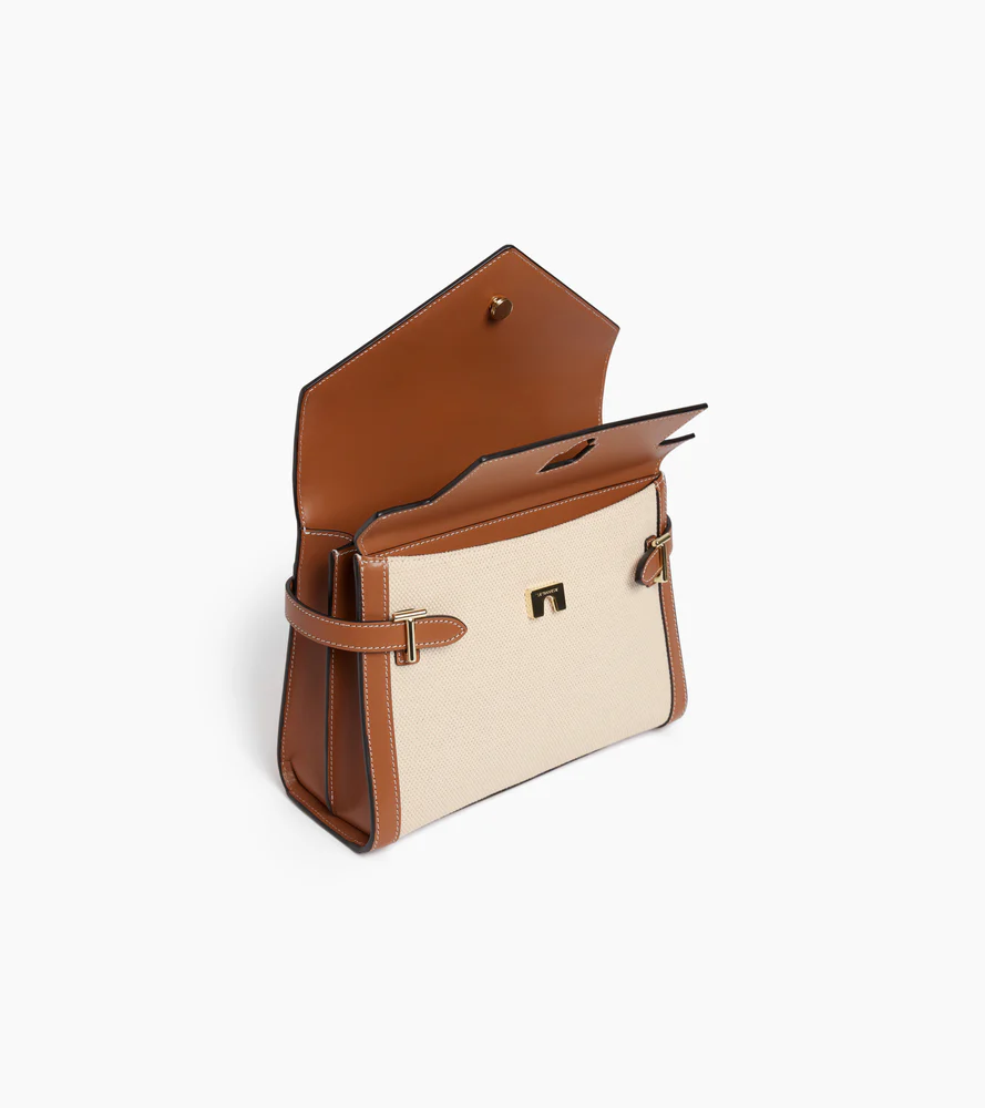 Emilie medium double flap handbag in cotton canvas and smooth leather - Image 3