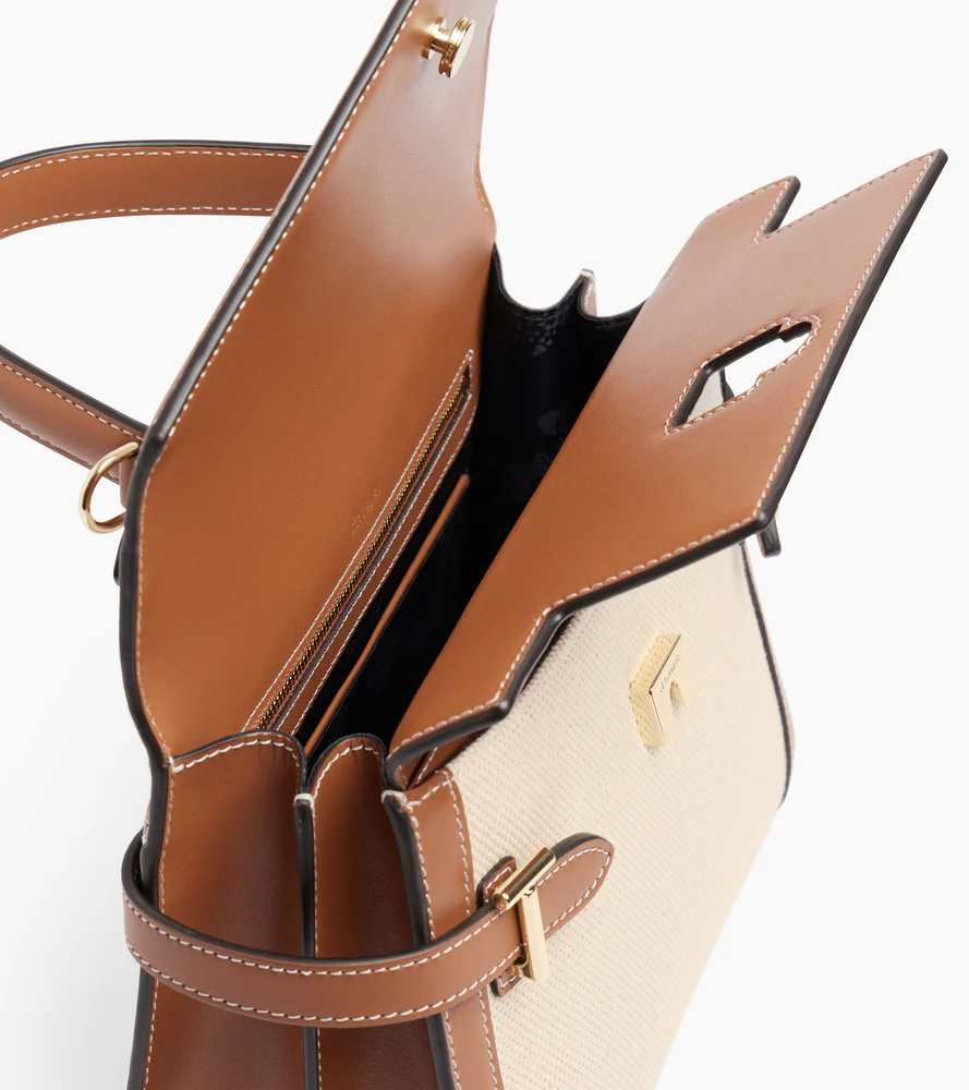 Emilie medium double flap handbag in cotton canvas and smooth leather - Image 6